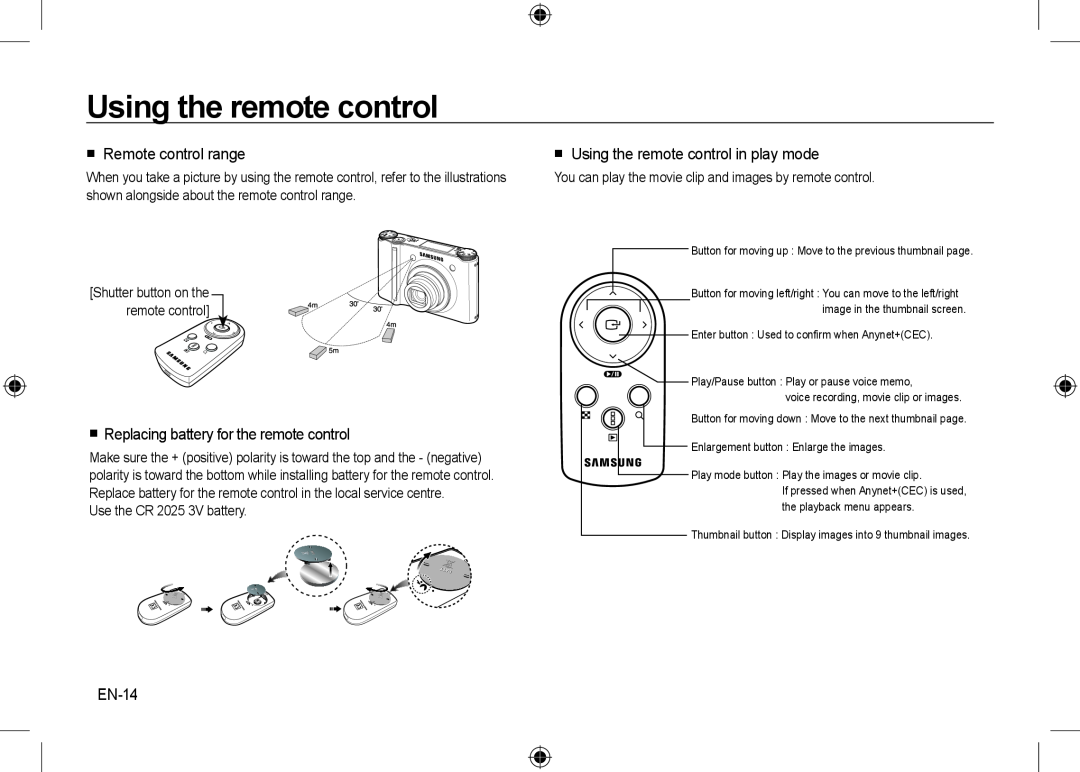 Samsung EC-NV24HBBB/IT Using the remote control,  Remote control range,  Replacing battery for the remote control, EN-14 