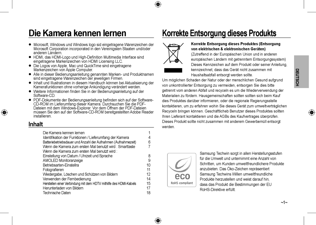 Samsung EC-NV24HBBA/VN, EC-NV24HBBA/E3 manual Die Kamera kennen lernen, Korrekte Entsorgung dieses Produkts, Inhalt 