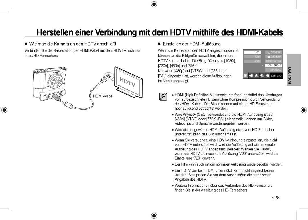 Samsung EC-NV24HBBA/E3 Herstellen einer Verbindung mit dem HDTV mithilfe des HDMI-Kabels,  Einstellen der HDMI-Auﬂösung 
