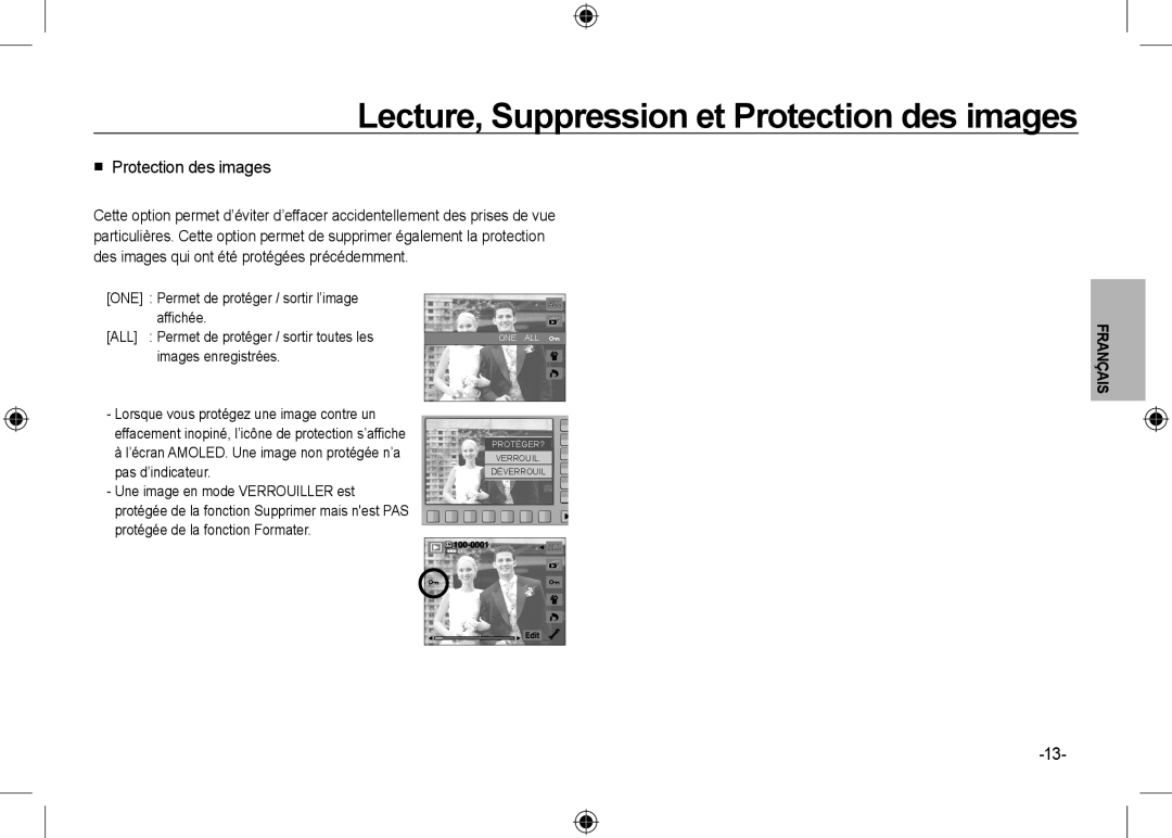 Samsung EC-NV24HBBA/E1, EC-NV24HBBA/E3 manual  Protection des images, Lecture, Suppression et Protection des images 