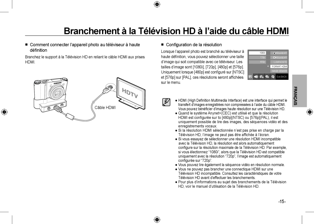 Samsung EC-NV24HBBE/AS Branchement à la Télévision HD à l’aide du câble HDMI,  Conﬁguration de la résolution, Câble HDMI 