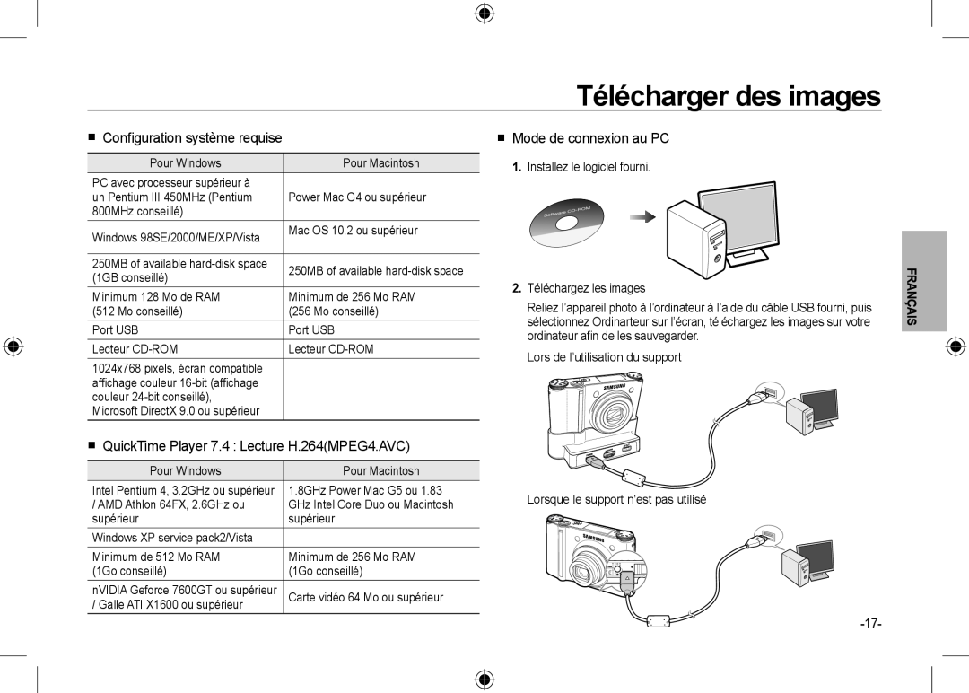 Samsung EC-NV24HSBE/AS, EC-NV24HBBA/E3 Télécharger des images,  Conﬁguration système requise,  Mode de connexion au PC 