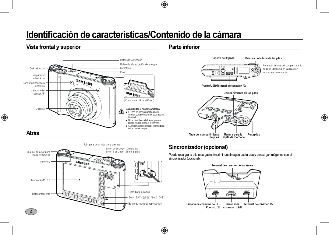 Samsung EC-NV24HBBD/E2 Identiﬁcación de características/Contenido de la cámara, Vista frontal y superior, Parte inferior 