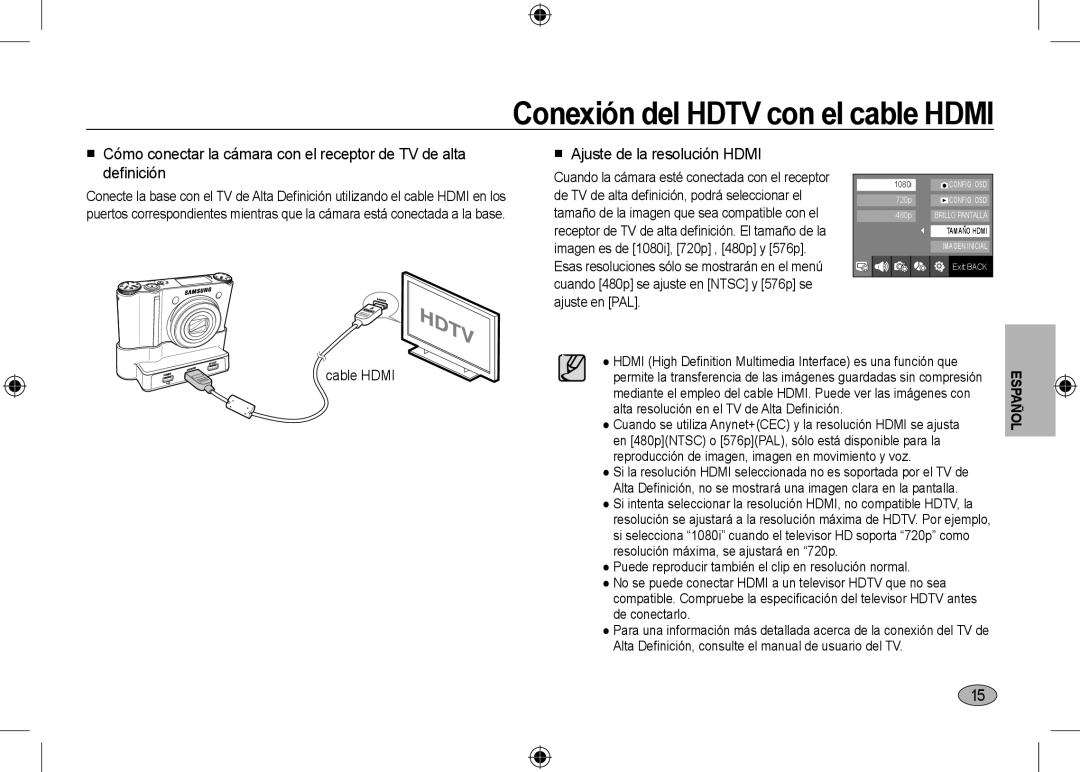 Samsung EC-NV24HSBA/FR, EC-NV24HBBA/E3, EC-NV24HBBB/FR Conexión del HDTV con el cable HDMI,  Ajuste de la resolución HDMI 