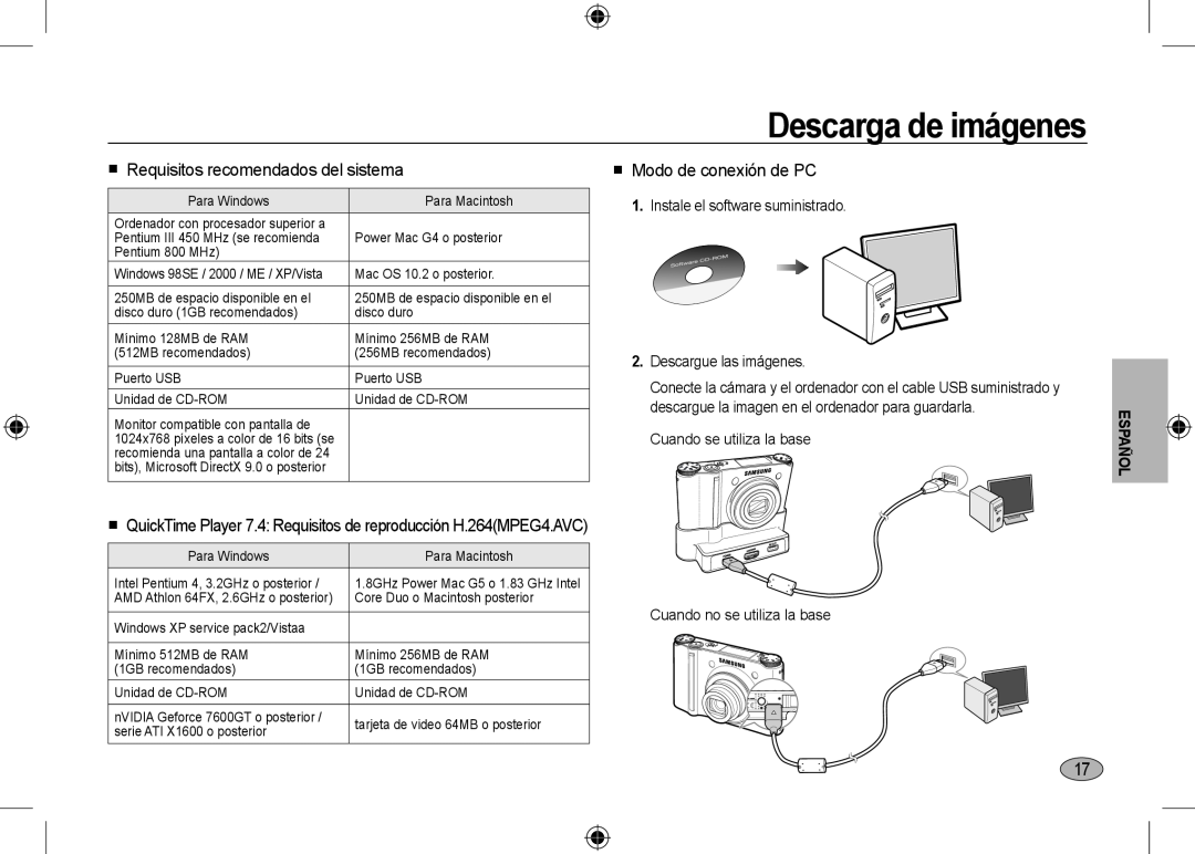 Samsung EC-NV24HSBA/E2 manual Descarga de imágenes,  Requisitos recomendados del sistema,  Modo de conexión de PC 