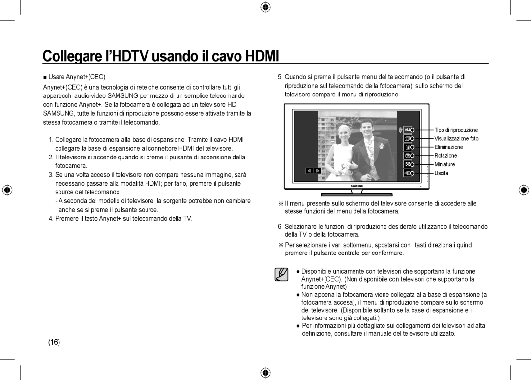 Samsung EC-NV24HBBC/AS, EC-NV24HBBA/E3, EC-NV24HBBB/FR manual Collegare l’HDTV usando il cavo HDMI, Usare Anynet+CEC 