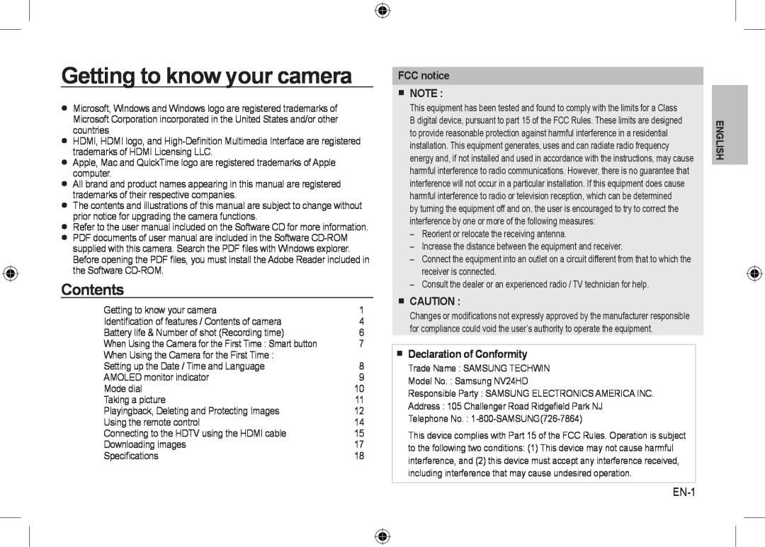 Samsung EC-NV24HBBB/FR, EC-NV24HBBA/E3 manual Getting to know your camera, Contents, FCC notice  NOTE,  Caution, EN-1 