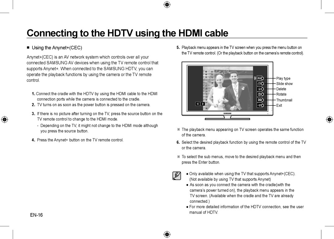 Samsung EC-NV24HBBA/IT, EC-NV24HBBA/E3 manual  Using the Anynet+CEC, EN-16, Connecting to the HDTV using the HDMI cable 
