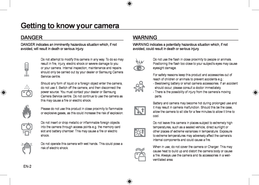 Samsung EC-NV24HBBA/E2, EC-NV24HBBA/E3, EC-NV24HBBB/FR, EC-NV24HSBA/FR manual Danger, EN-2, Getting to know your camera 