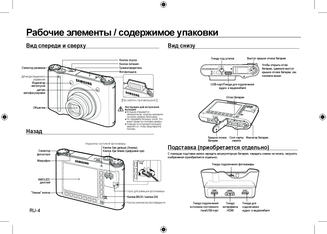 Samsung EC-NV24HSBC/AS manual Рабочие элементы / содержимое упаковки, Вид спереди и сверху, Вид снизу, Назад, RU-4 