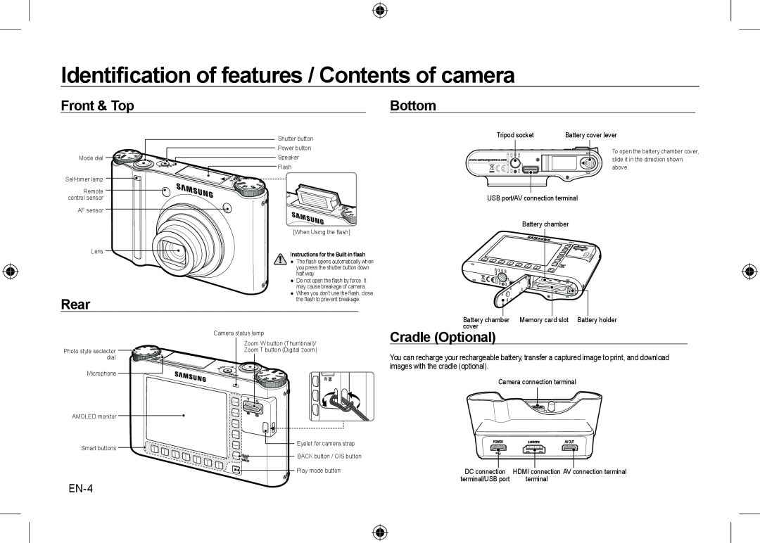 Samsung EC-NV24HSBA/E3 Identiﬁcation of features / Contents of camera, Front & Top, Bottom, Rear, Cradle Optional, EN-4 
