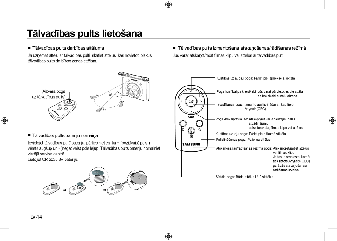 Samsung EC-NV24HBBB/AS, EC-NV24HBBA/E3 manual Tālvadības pults lietošana,  Tālvadības pults darbības attālums, LV-14 