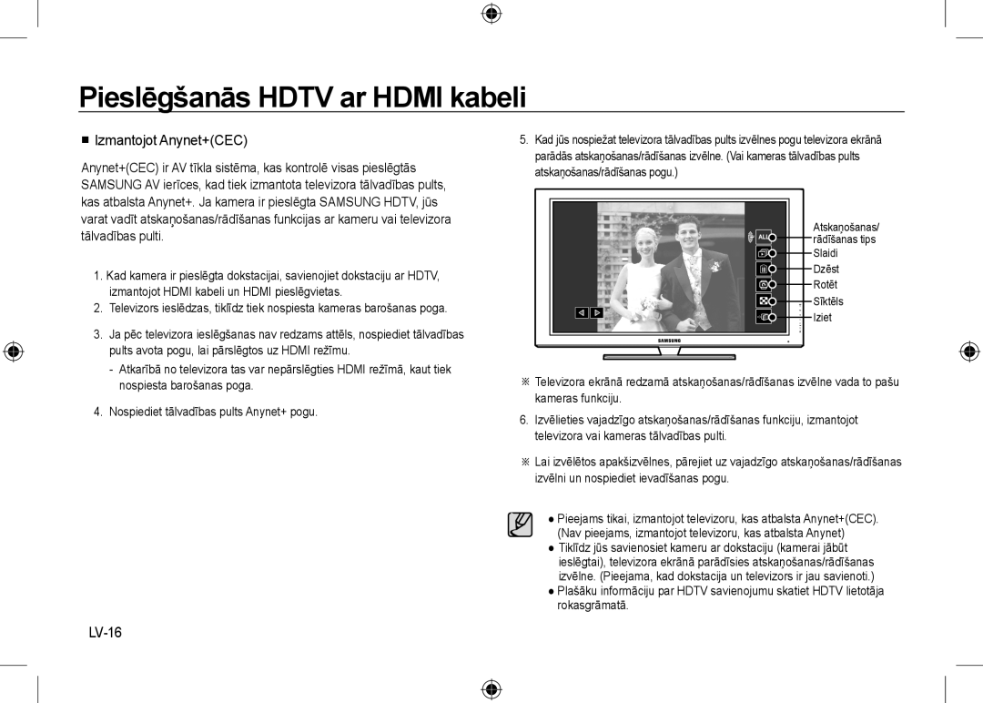 Samsung EC-NV24HSBB/AS, EC-NV24HBBA/E3, EC-NV24HBBB/FR  Izmantojot Anynet+CEC, LV-16, Pieslēgšanās HDTV ar HDMI kabeli 