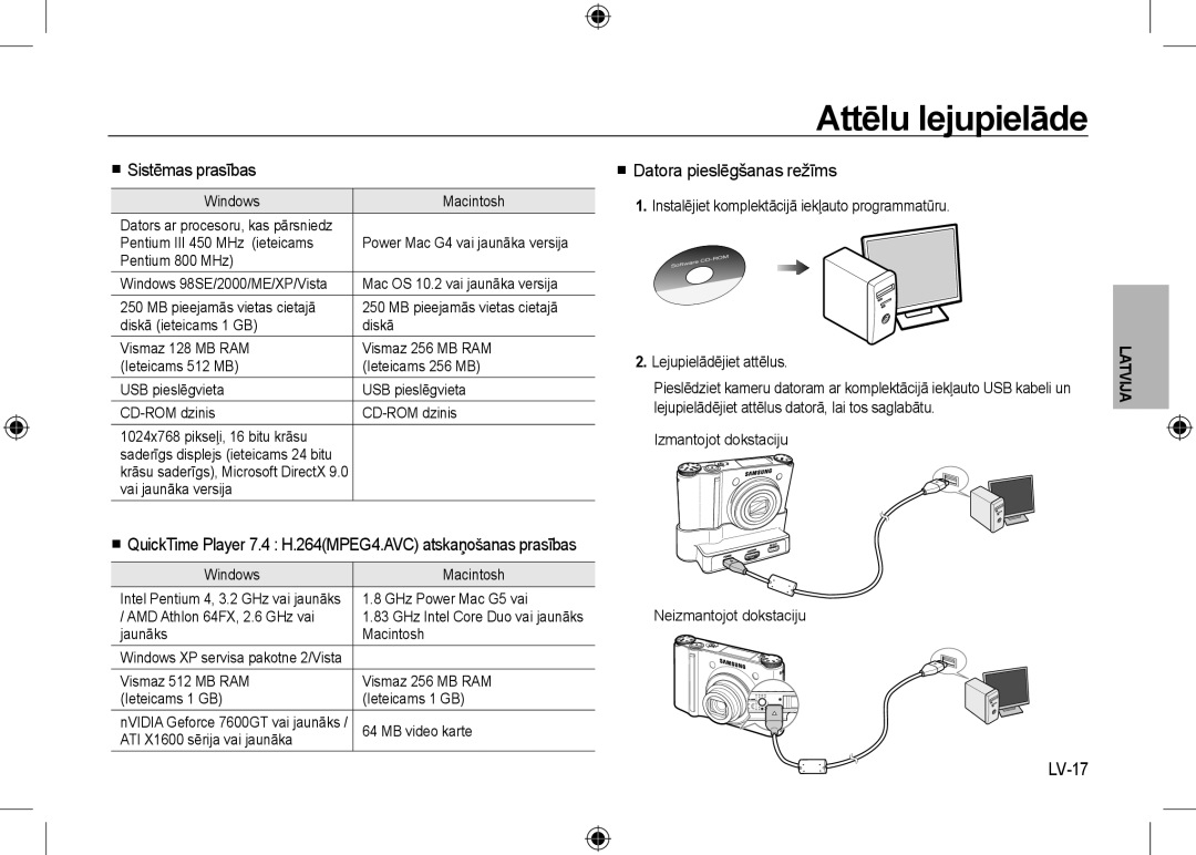 Samsung EC-NV24HSBE/AS, EC-NV24HBBA/E3 manual Attēlu lejupielāde,  Sistēmas prasības,  Datora pieslēgšanas režīms, LV-17 
