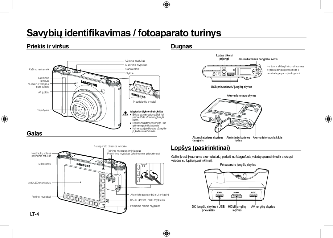 Samsung EC-NV24HBBD/E2 manual Savybių identiﬁkavimas / fotoaparato turinys, Priekis ir viršus, Dugnas, Galas, LT-4 