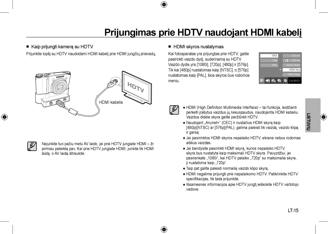 Samsung EC-NV24HSBA/FR Prijungimas prie HDTV naudojant HDMI kabelį,  Kaip prijungti kamerą su HDTV, LT-15, HDMI kabelis 