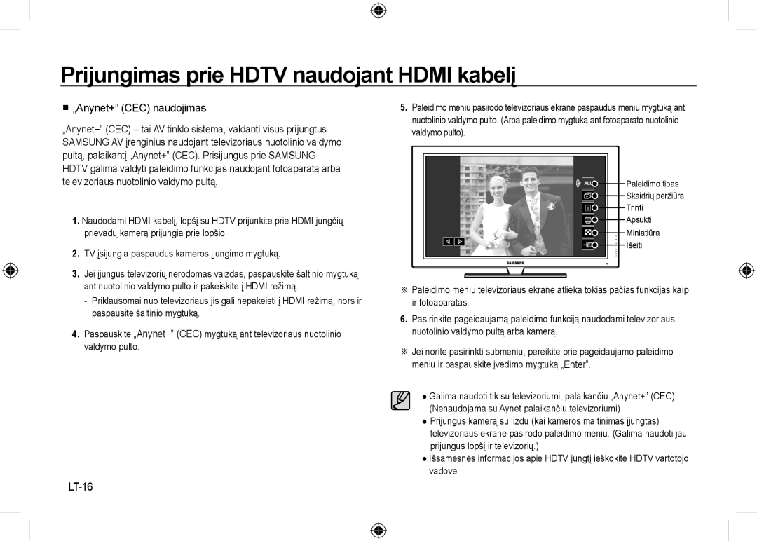 Samsung EC-NV24HSBA/E3, EC-NV24HBBA/E3 manual  „Anynet+” CEC naudojimas, LT-16, Prijungimas prie HDTV naudojant HDMI kabelį 