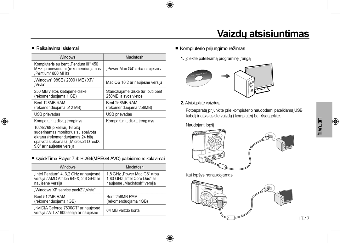 Samsung EC-NV24HSBA/E2 manual Vaizdų atsisiuntimas,  Reikalavimai sistemai,  Kompiuterio prijungimo režimas, LT-17 