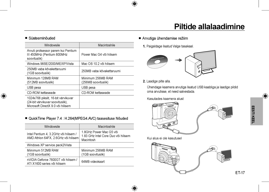 Samsung EC-NV24HSBA/VN, EC-NV24HBBA/E3 manual Piltide allalaadimine,  Süsteeminõuded,  Arvutiga ühendamise režiim, ET-17 