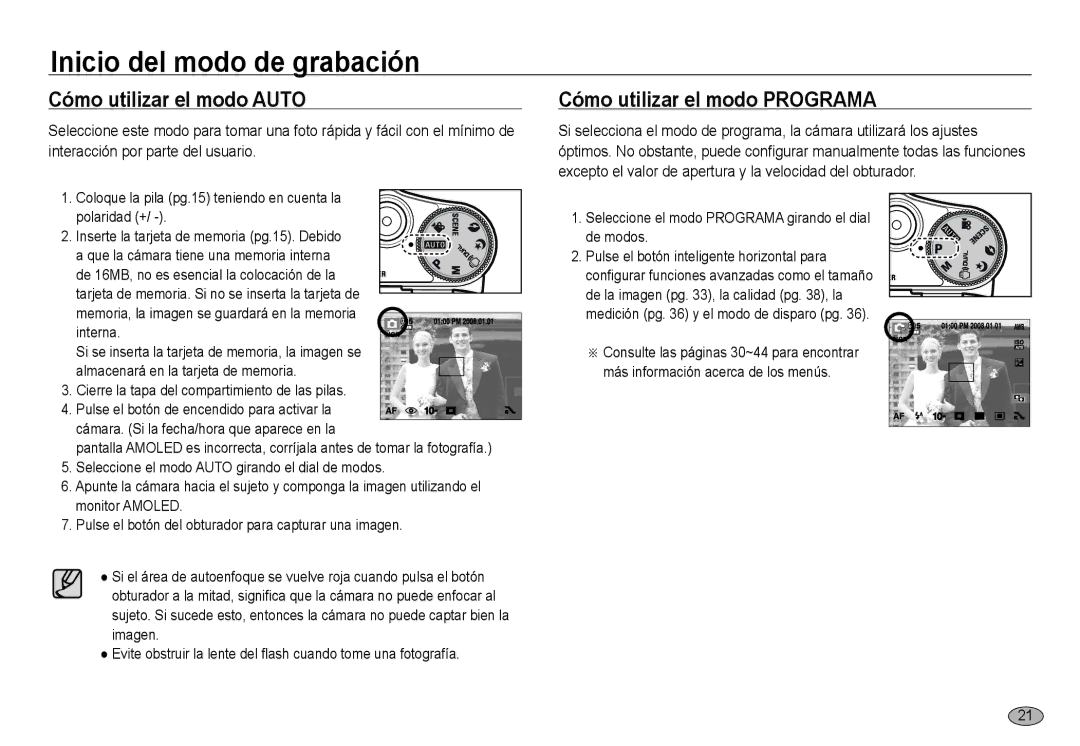 Samsung EC-NV24HSBA/E3 manual Inicio del modo de grabación, Cómo utilizar el modo Auto, Cómo utilizar el modo Programa 