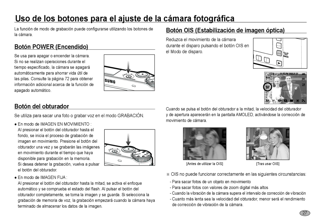 Samsung EC-NV24HBBA/E3, EC-NV24HSBA/E3 Uso de los botones para el ajuste de la cámara fotográfica, Botón Power Encendido 