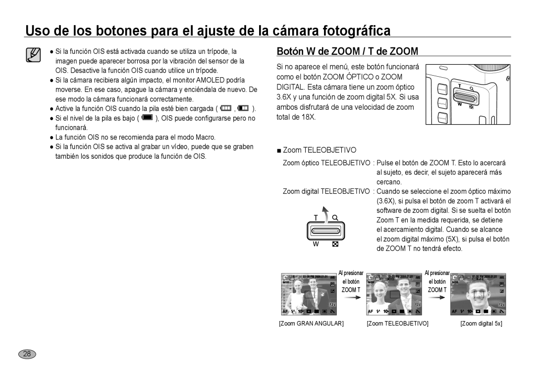 Samsung EC-NV24HSBA/E3, EC-NV24HBBA/E3, EC-NV24HSBB/E1, EC-NV24HBBB/E1 manual Botón W de Zoom / T de Zoom, Zoom Teleobjetivo 