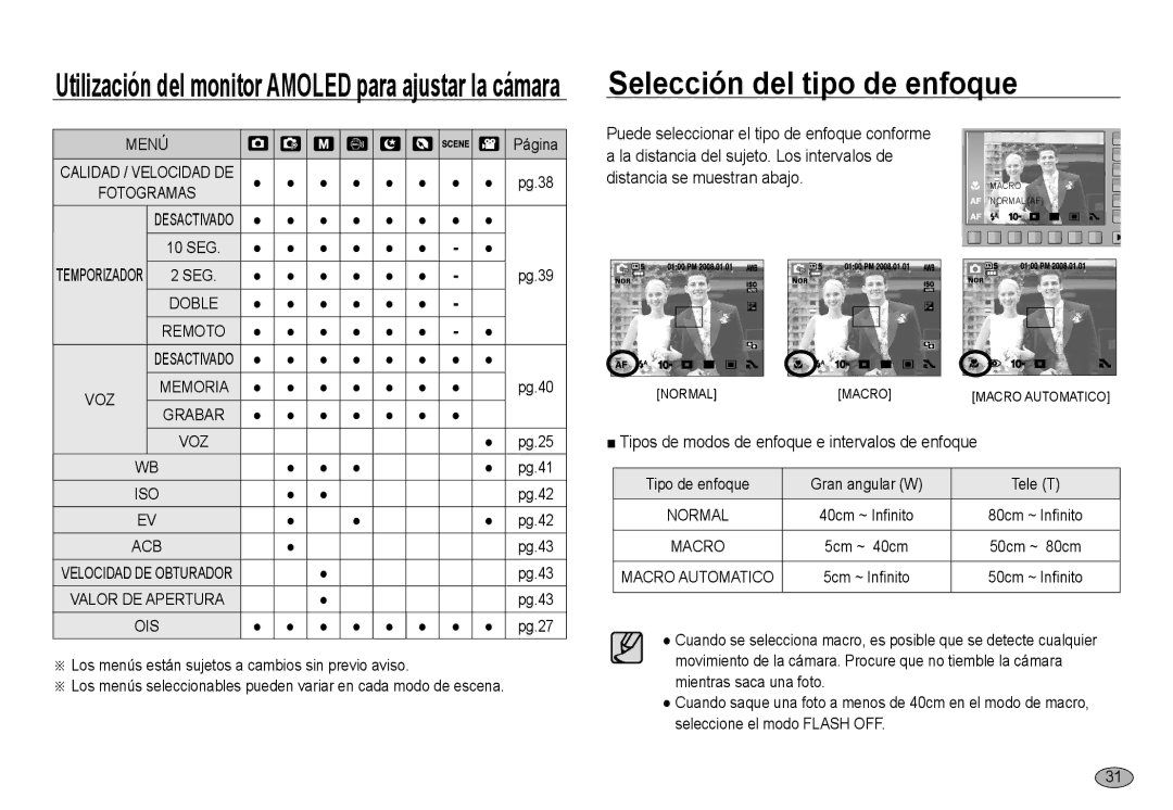 Samsung EC-NV24HSBA/E1, EC-NV24HBBA/E3 manual Selección del tipo de enfoque, La distancia del sujeto. Los intervalos de 