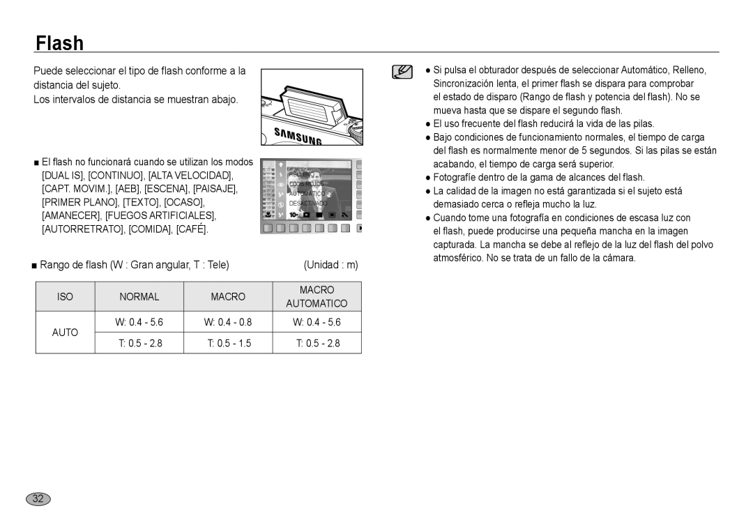 Samsung EC-NV24HBBC/E1, EC-NV24HBBA/E3, EC-NV24HSBA/E3, EC-NV24HSBB/E1 manual Flash, Rango de flash W Gran angular, T Tele 