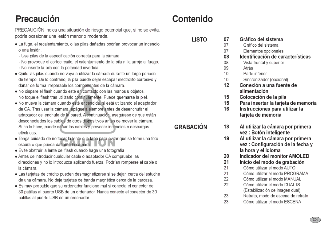 Samsung EC-NV24HSBA/E1, EC-NV24HBBA/E3, EC-NV24HSBA/E3, EC-NV24HSBB/E1, EC-NV24HBBB/E1, EC-NV24HBBC/E1 Precaución, Contenido 