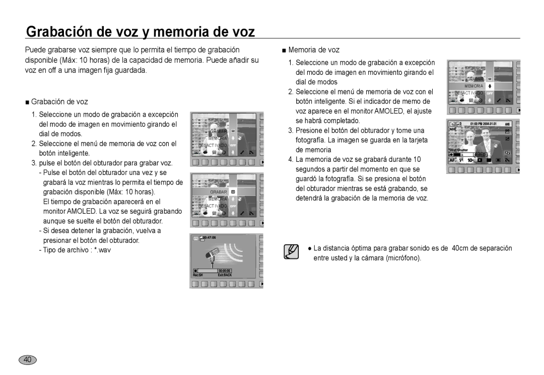 Samsung EC-NV24HBBA/E1, EC-NV24HBBA/E3, EC-NV24HSBA/E3, EC-NV24HSBB/E1 Grabación de voz y memoria de voz, Memoria de voz 