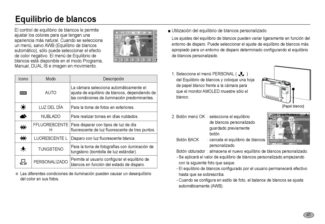 Samsung EC-NV24HBBA/E3, EC-NV24HSBA/E3 manual Equilibrio de blancos, Utilización del equilibrio de blancos personalizado 