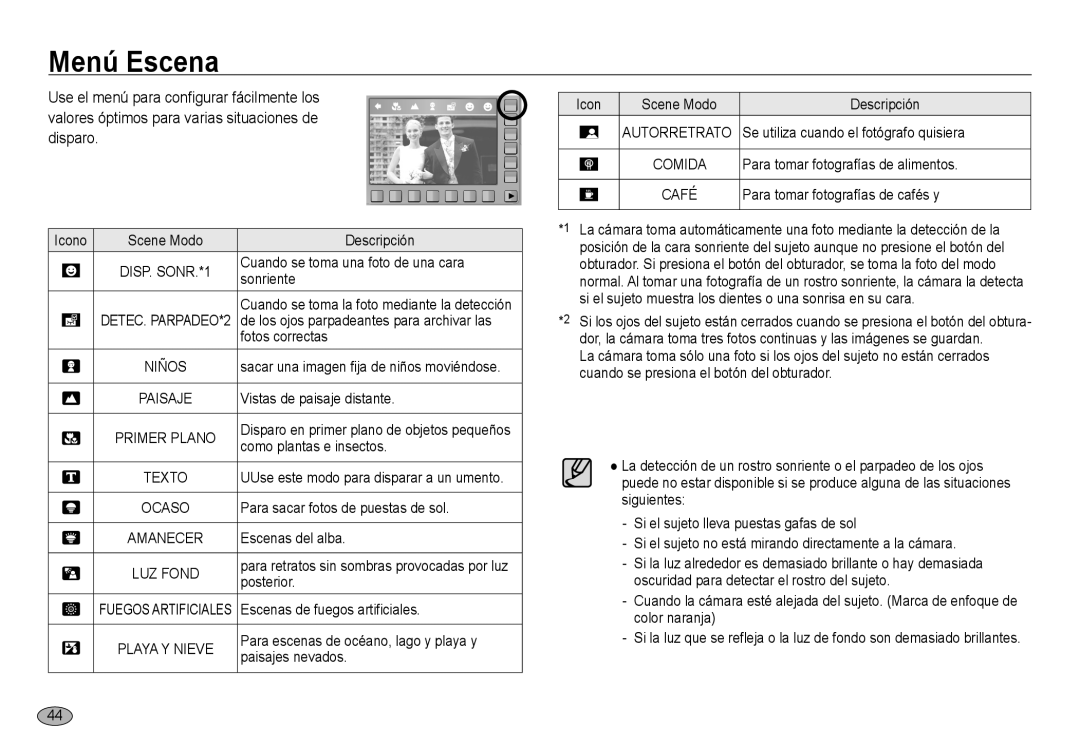 Samsung EC-NV24HBBB/E1, EC-NV24HBBA/E3, EC-NV24HSBA/E3, EC-NV24HSBB/E1, EC-NV24HSBA/E1, EC-NV24HBBC/E1 manual Menú Escena, Texto 