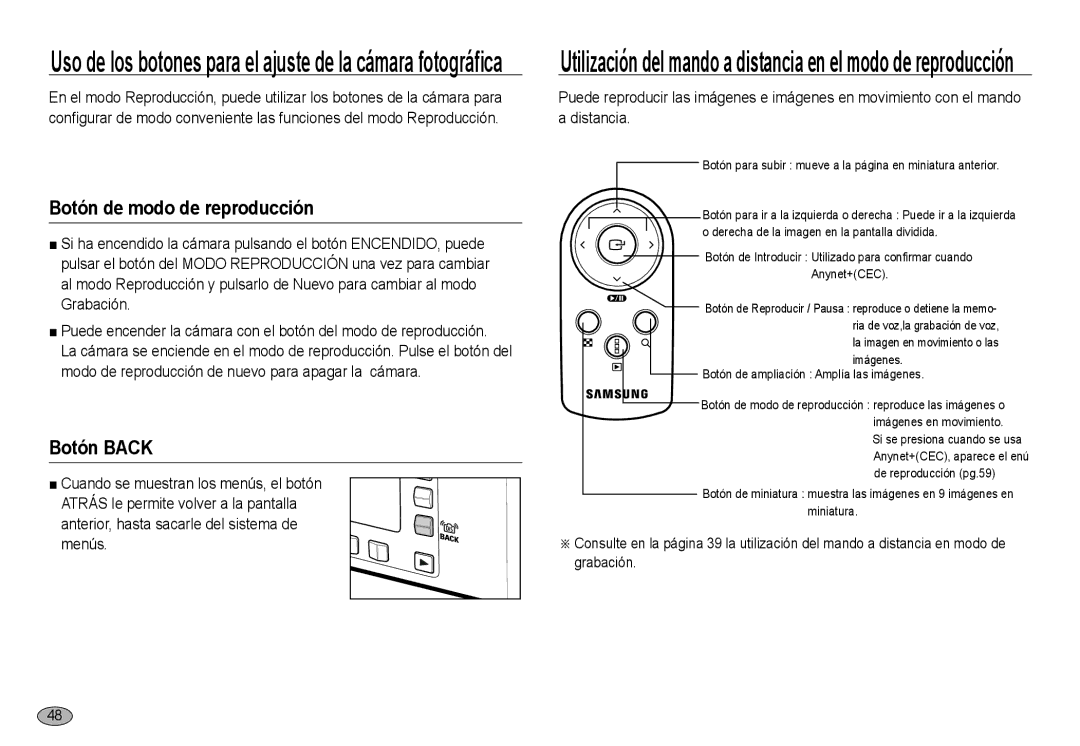 Samsung EC-NV24HBBA/E3, EC-NV24HSBA/E3, EC-NV24HSBB/E1, EC-NV24HBBB/E1 manual Botón de modo de reproducción, Botón Back 