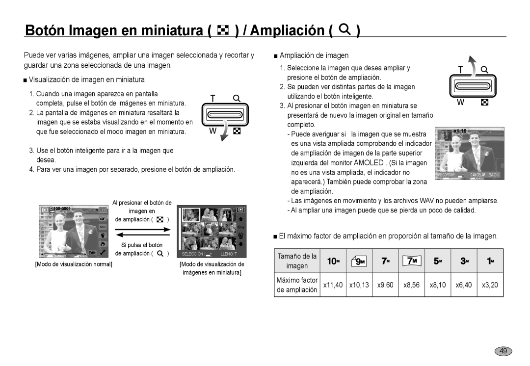 Samsung EC-NV24HSBA/E3, EC-NV24HBBA/E3, EC-NV24HSBB/E1 manual Botón Imagen en miniatura / Ampliación, Ampliación de imagen 