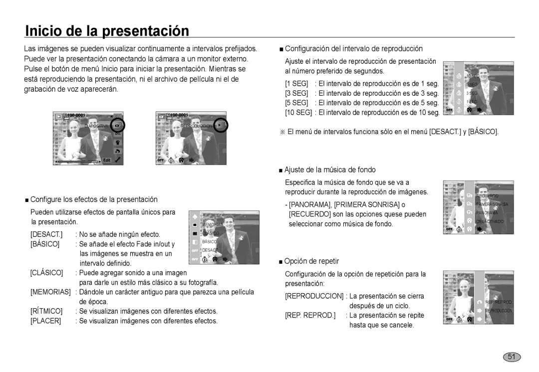 Samsung EC-NV24HBBB/E1 manual Inicio de la presentación, Configuración del intervalo de reproducción, Opción de repetir 