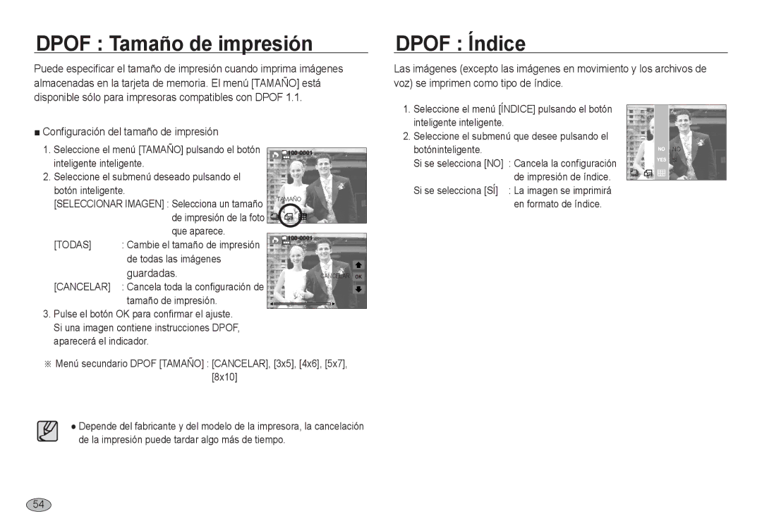 Samsung EC-NV24HBBA/E1, EC-NV24HBBA/E3 manual Dpof Tamaño de impresión, Dpof Índice, Guardadas, De impresión de índice 