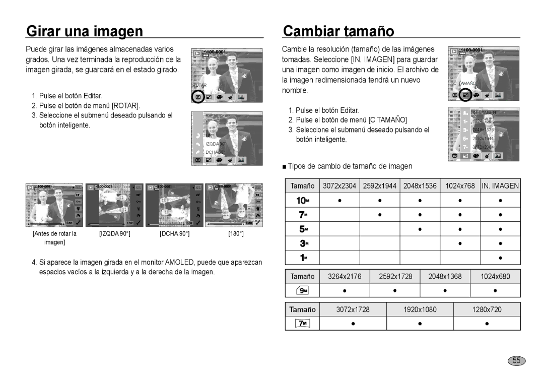 Samsung EC-NV24HBBA/E3, EC-NV24HSBA/E3, EC-NV24HSBB/E1 Girar una imagen Cambiar tamaño, Tipos de cambio de tamaño de imagen 