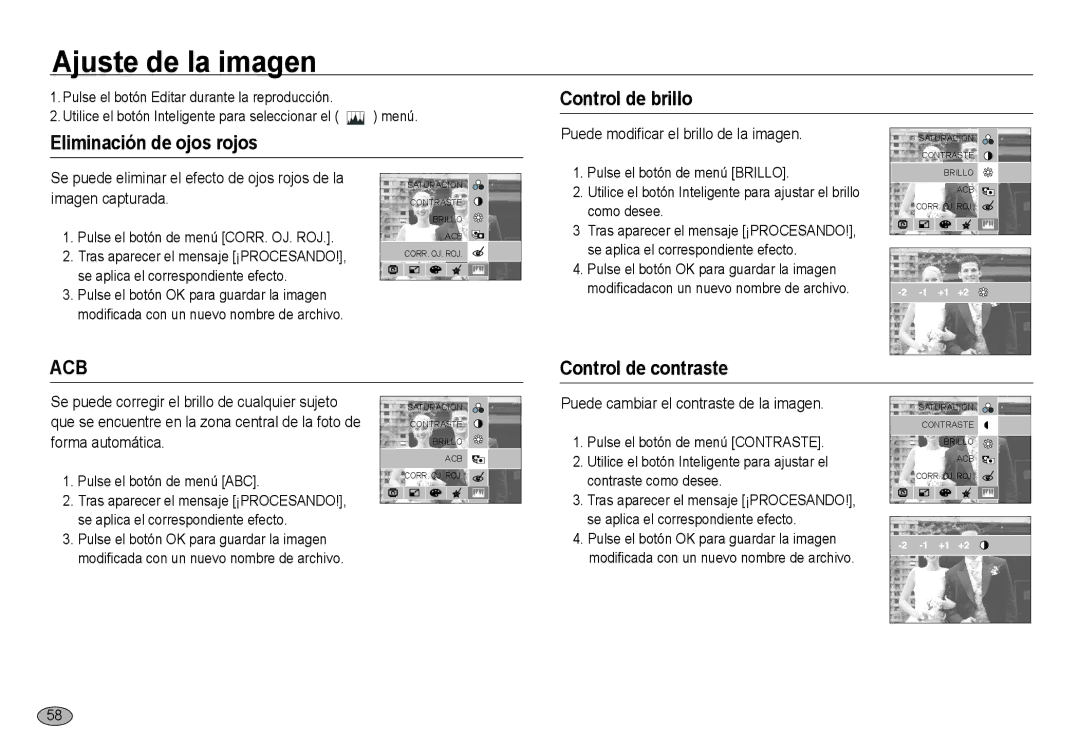 Samsung EC-NV24HBBB/E1, EC-NV24HBBA/E3, EC-NV24HSBA/E3 Control de brillo Eliminación de ojos rojos, Control de contraste 