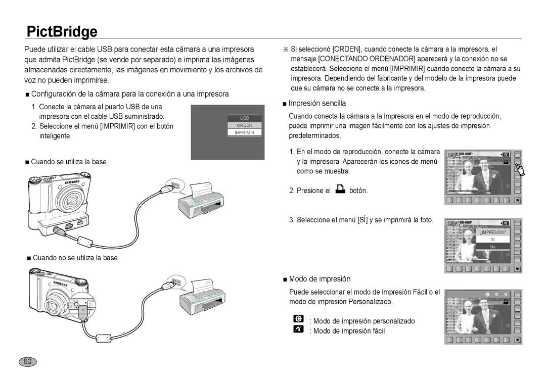 Samsung EC-NV24HBBC/E1 manual PictBridge, Configuración de la cámara para la conexión a una impresora, Impresión sencilla 