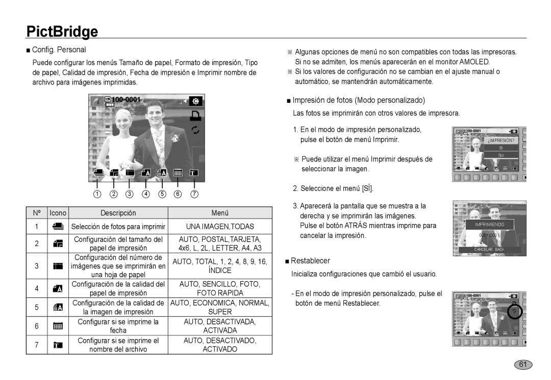 Samsung EC-NV24HBBA/E1 manual Config. Personal, Impresión de fotos Modo personalizado, Restablecer, Cancelar la impresión 