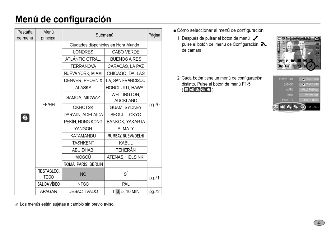 Samsung EC-NV24HSBA/E3, EC-NV24HBBA/E3, EC-NV24HSBB/E1, EC-NV24HBBB/E1, EC-NV24HSBA/E1 Pestaña Menú Submenú, Pg.70, Pg.71 