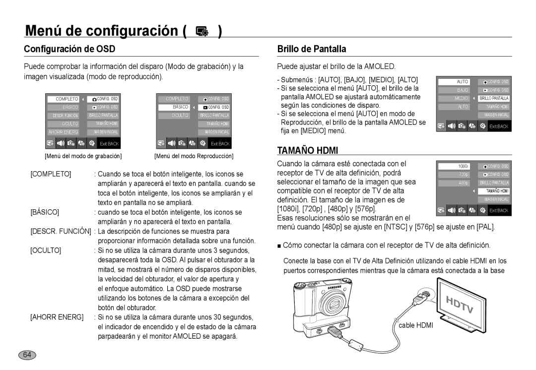 Samsung EC-NV24HSBB/E1, EC-NV24HBBA/E3 manual Configuración de OSD, Brillo de Pantalla, Puede ajustar el brillo de la Amoled 