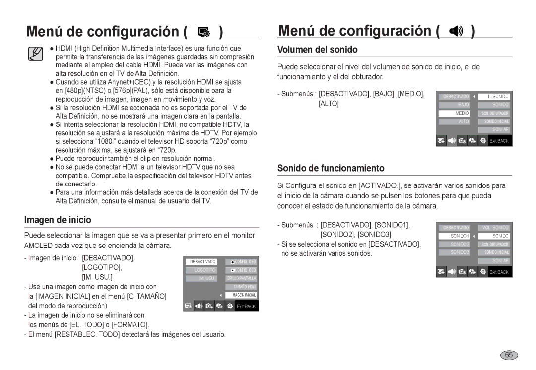 Samsung EC-NV24HBBB/E1, EC-NV24HBBA/E3, EC-NV24HSBA/E3 manual Volumen del sonido, Sonido de funcionamiento, Imagen de inicio 