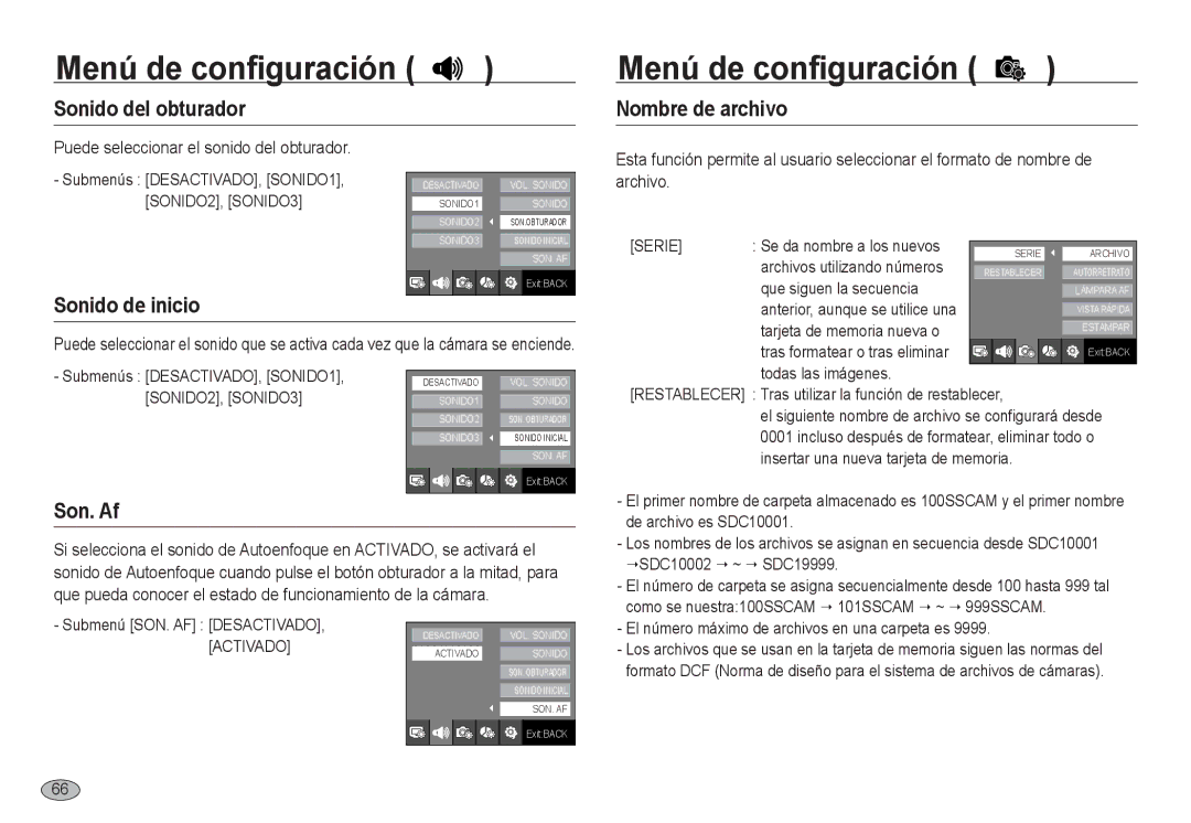 Samsung EC-NV24HSBA/E1, EC-NV24HBBA/E3 manual Sonido del obturador, Nombre de archivo, Sonido de inicio, Son. Af, Serie 