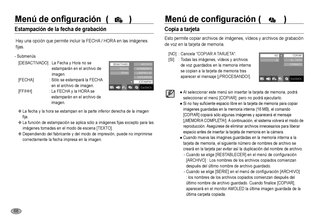 Samsung EC-NV24HBBA/E1 manual Menú de onfiguración, Estampación de la fecha de grabación, Copia a tarjeta, Fecha, Ff/Hh 