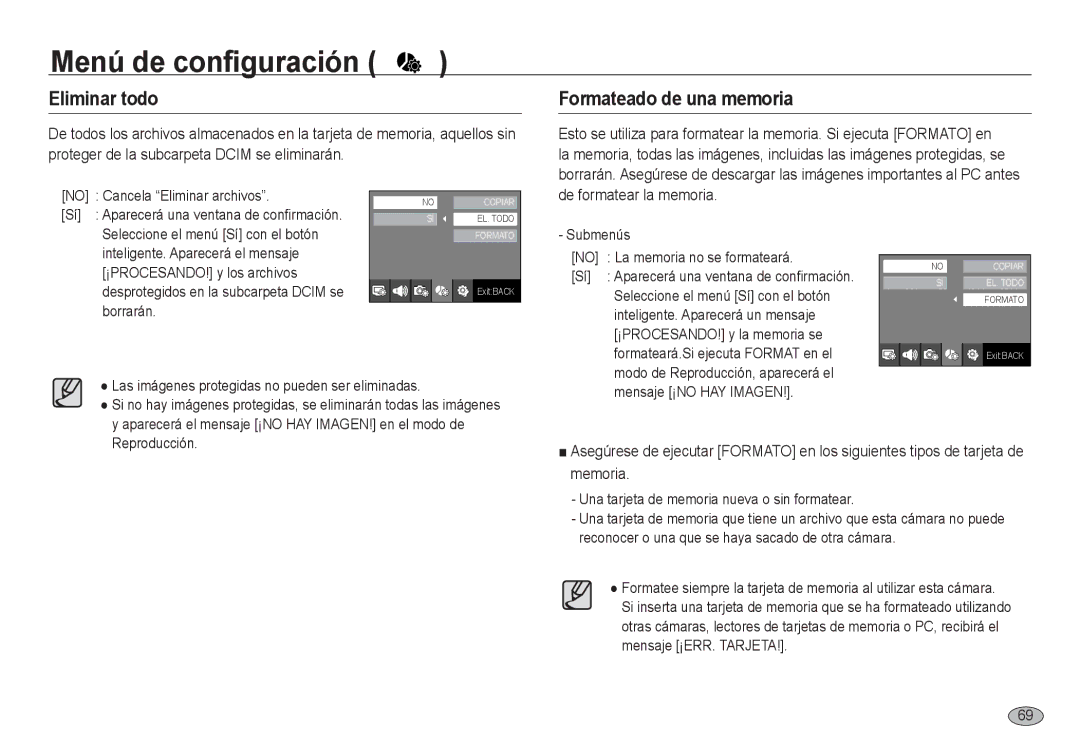 Samsung EC-NV24HBBA/E3, EC-NV24HSBA/E3, EC-NV24HSBB/E1 Eliminar todo, Formateado de una memoria, De formatear la memoria 