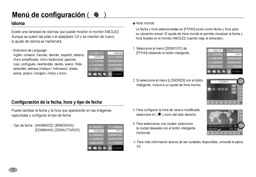 Samsung EC-NV24HSBA/E3, EC-NV24HBBA/E3, EC-NV24HSBB/E1 Idioma, Configuración de la fecha, hora y tipo de fecha, Hora mundo 