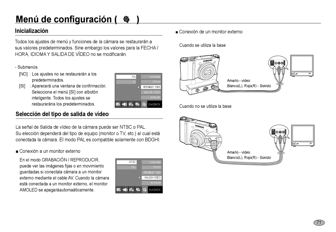 Samsung EC-NV24HSBB/E1 manual Inicialización, Selección del tipo de salida de vídeo, Conexión a un monitor externo 