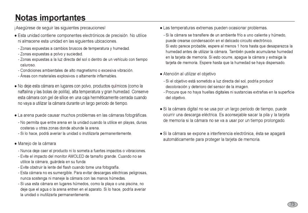 Samsung EC-NV24HSBA/E1 manual Notas importantes, ¡Asegúrese de seguir las siguientes precauciones, Manejo de la cámara 