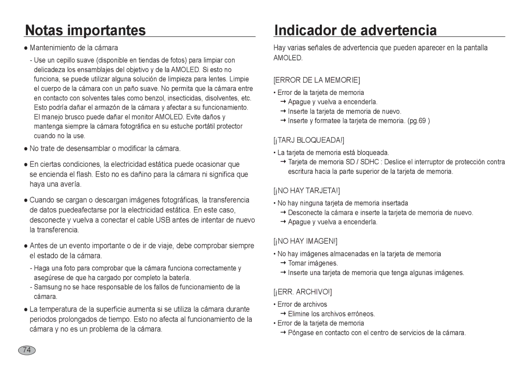 Samsung EC-NV24HBBC/E1 manual Indicador de advertencia, Mantenimiento de la cámara, La tarjeta de memoria está bloqueada 